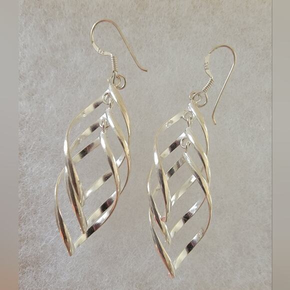 Sterling Silver Twist Leaf Dangle Earrings – 2.25" Long, 925 Stamped - Picture 3 of 8